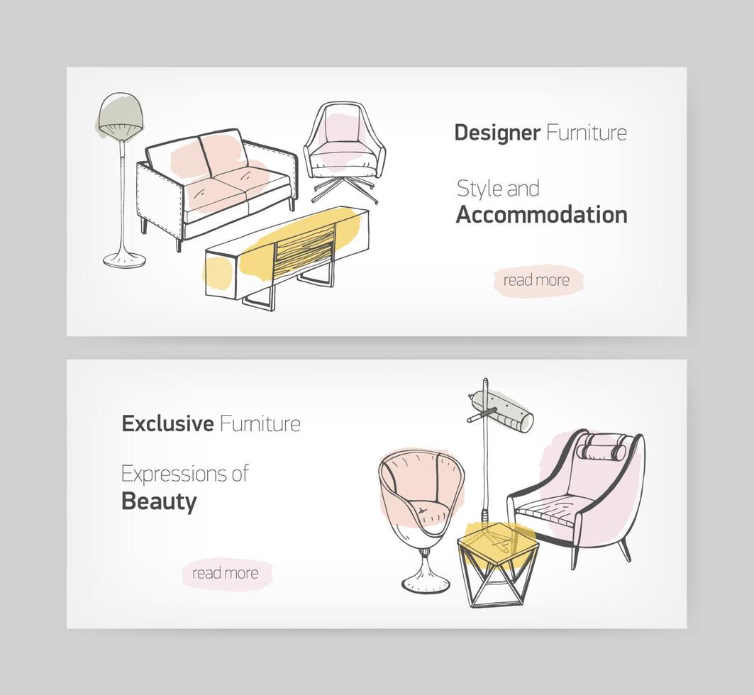 Collection of trendy web banner templates with hand drawn stylish comfortable furnishings and place for text. Colored realistic illustration for furniture store advertisement, promotion. vector