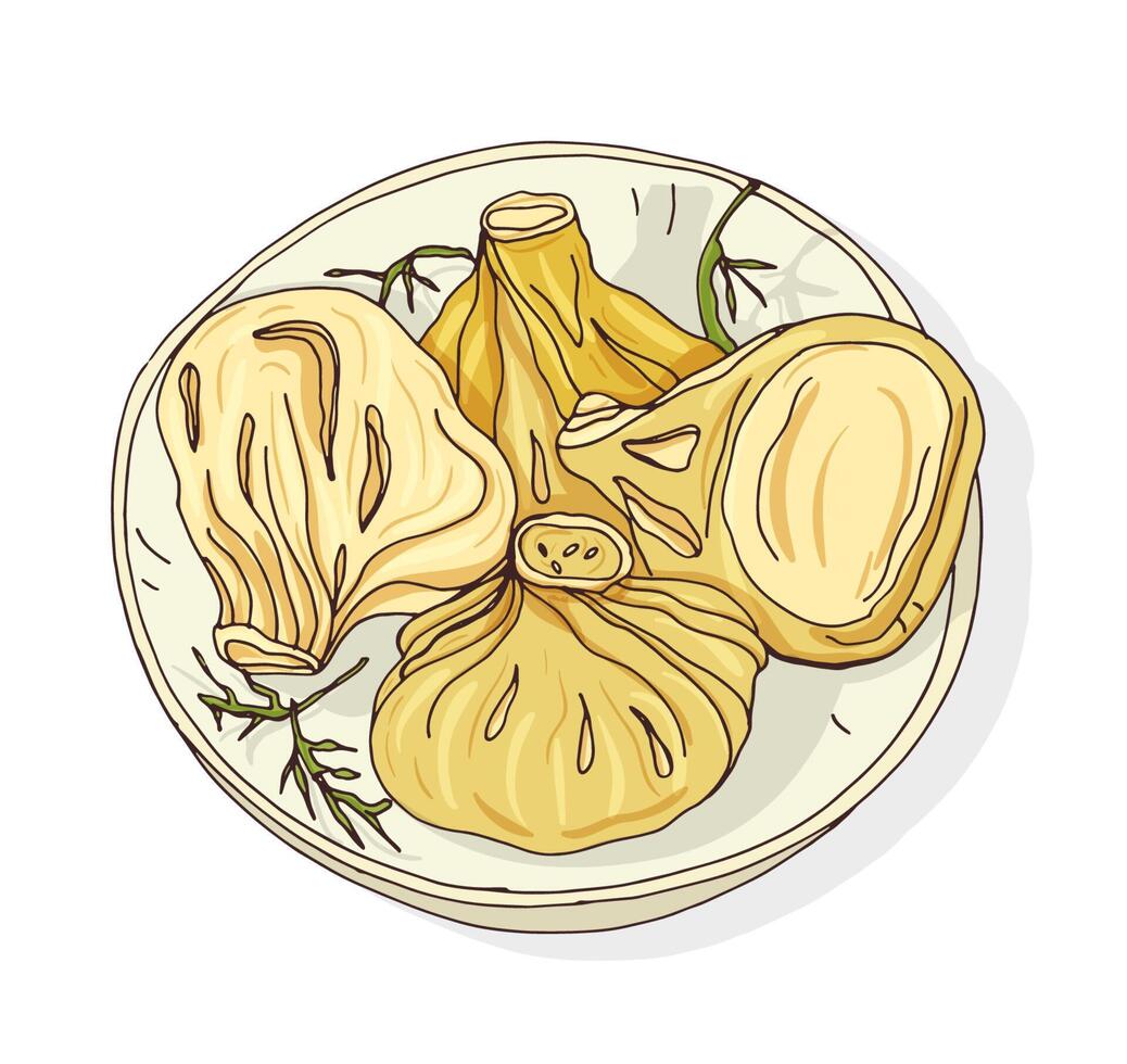 Elegant drawing of boiled or steamed Khinkali lying on plate. Appetizing Georgian dumplings. Traditional Caucasian meal with filling made of minced meat. Hand drawn illustration in retro style. vector