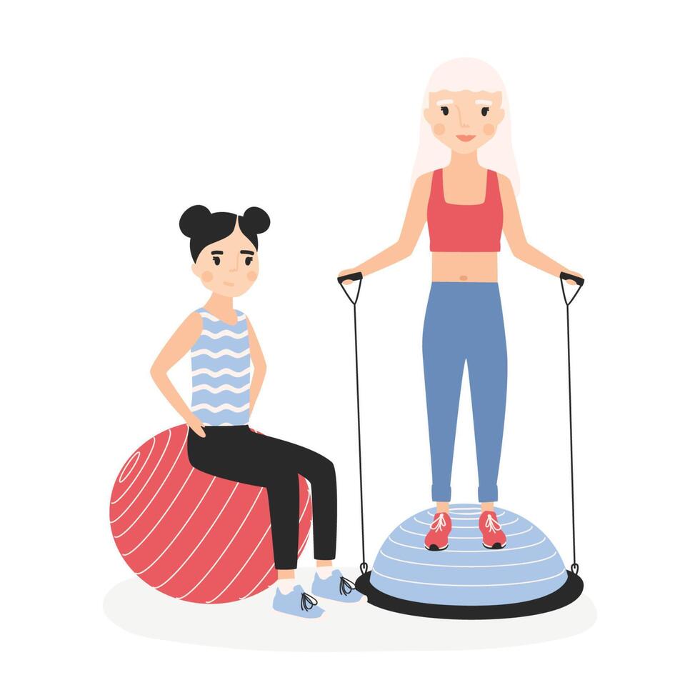 Smiling mother and daughter performing aerobics exercises with gym balls. Happy mom and child during fitness training. Cute cartoon characters isolated on white background. Flat illustration. vector