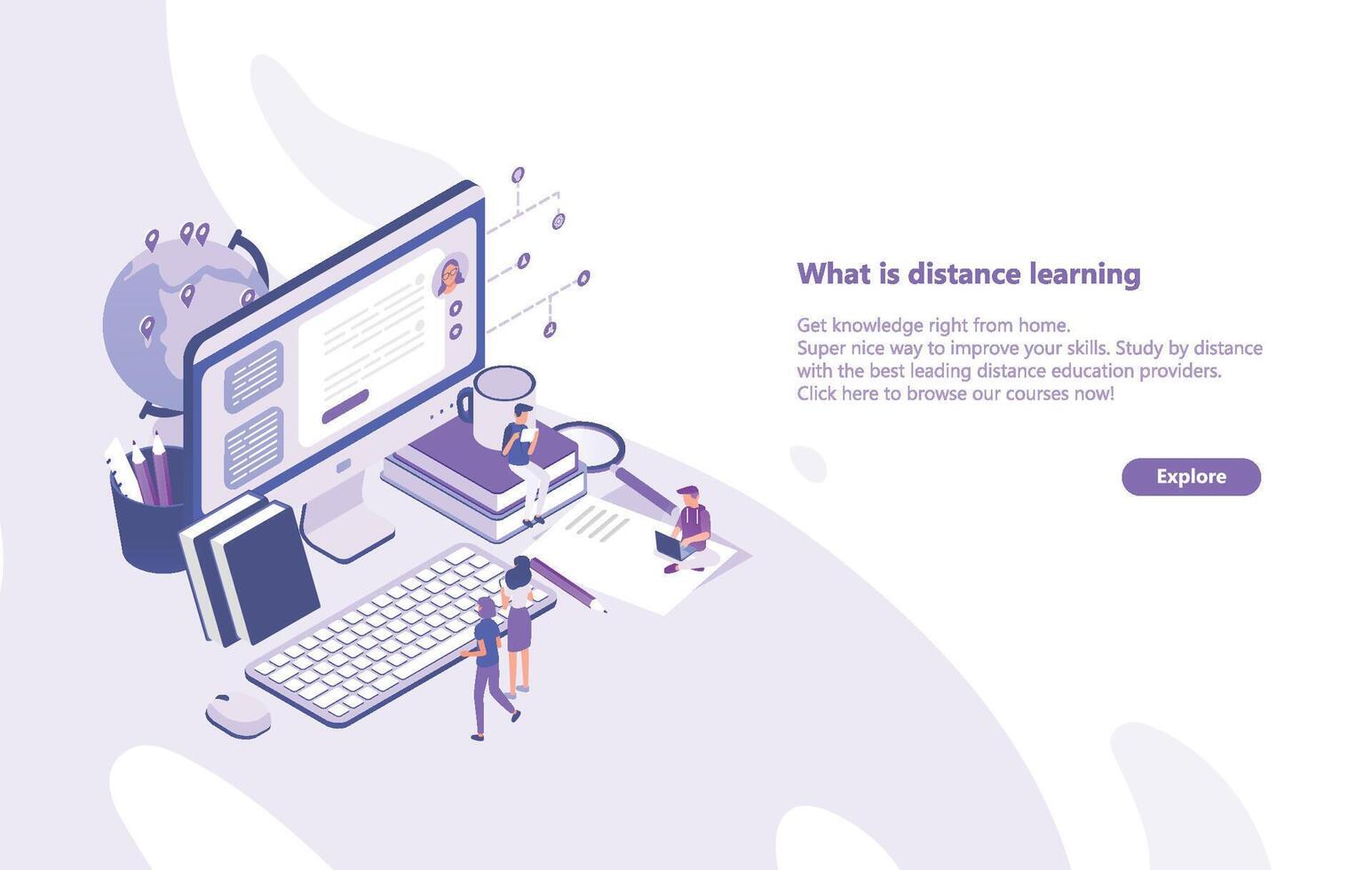Horizontal web banner template with tiny people standing in front of giant computer and looking at screen. Distance learning, online studying, internet education. Modern isometric illustration. vector