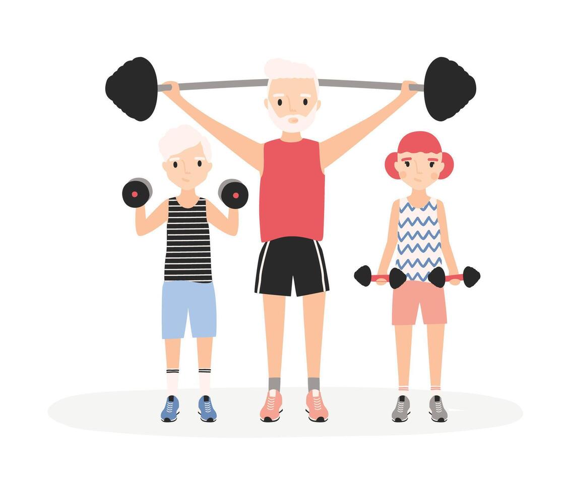 Father and kids performing strength workout together. Parent and children lifting dumbbells and barbell at gym training. Cartoon characters isolated on white background. Flat illustration. vector