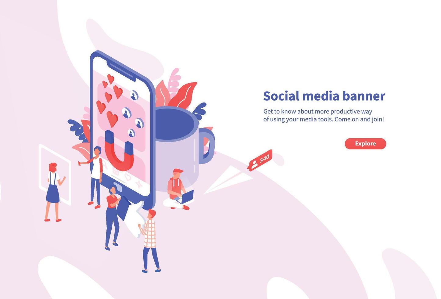 Creative horizontal web banner template with tiny people and giant smartphone. Social media and network tools for internet promotion and advertisement. Modern colorful isometric illustration. vector