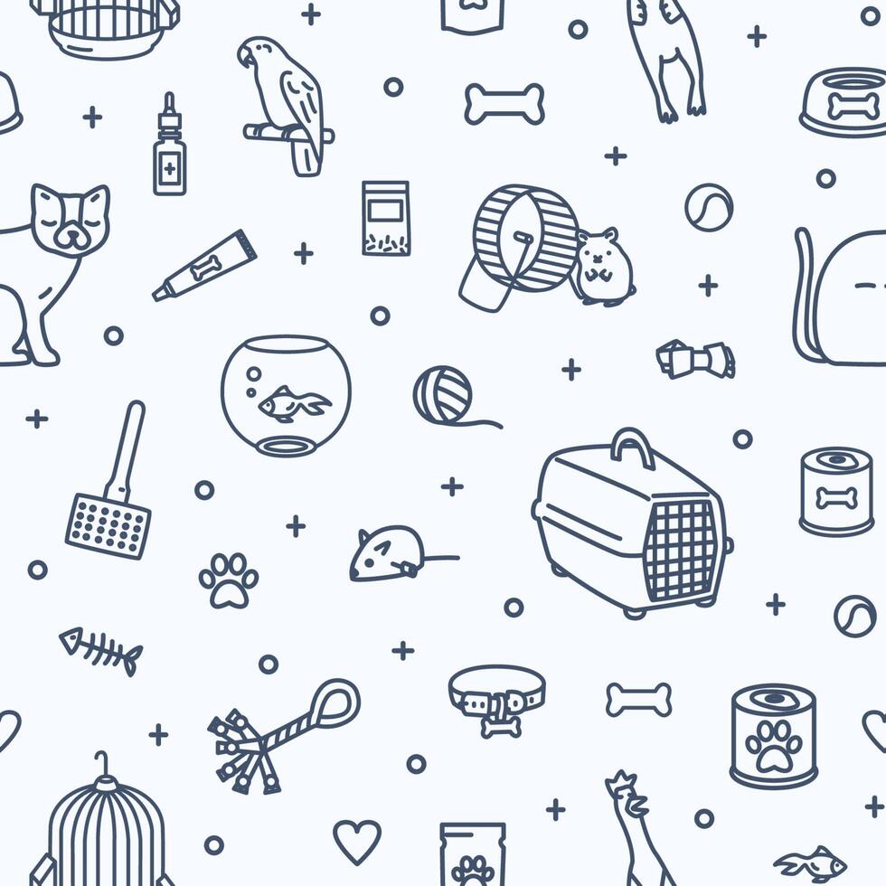Monochrome seamless pattern with domestic animals and items for pet care and entertainment drawn with contour lines on white background. illustration in modern linear style for fabric print. vector
