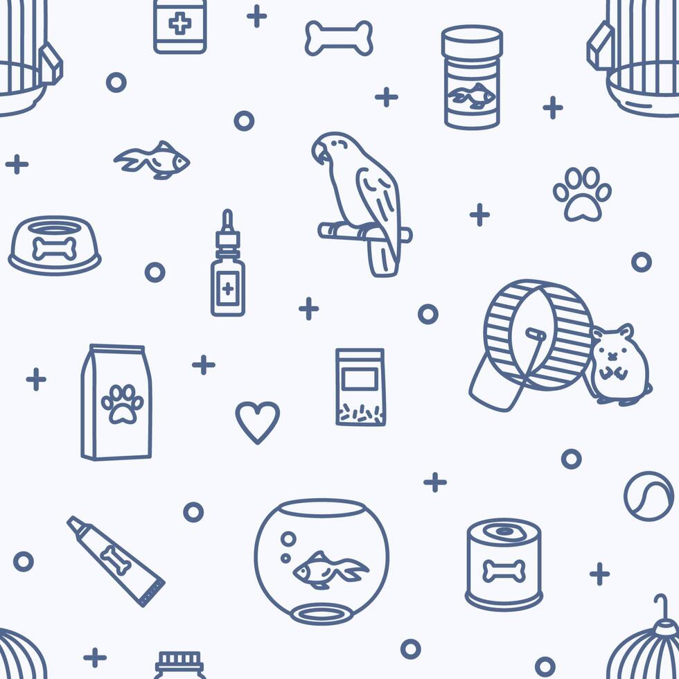 Seamless pattern with domestic animals and pet shop goods for care, nutrition, treatment on light background. Monochrome illustration in modern line art style for wrapping paper, textile print. vector