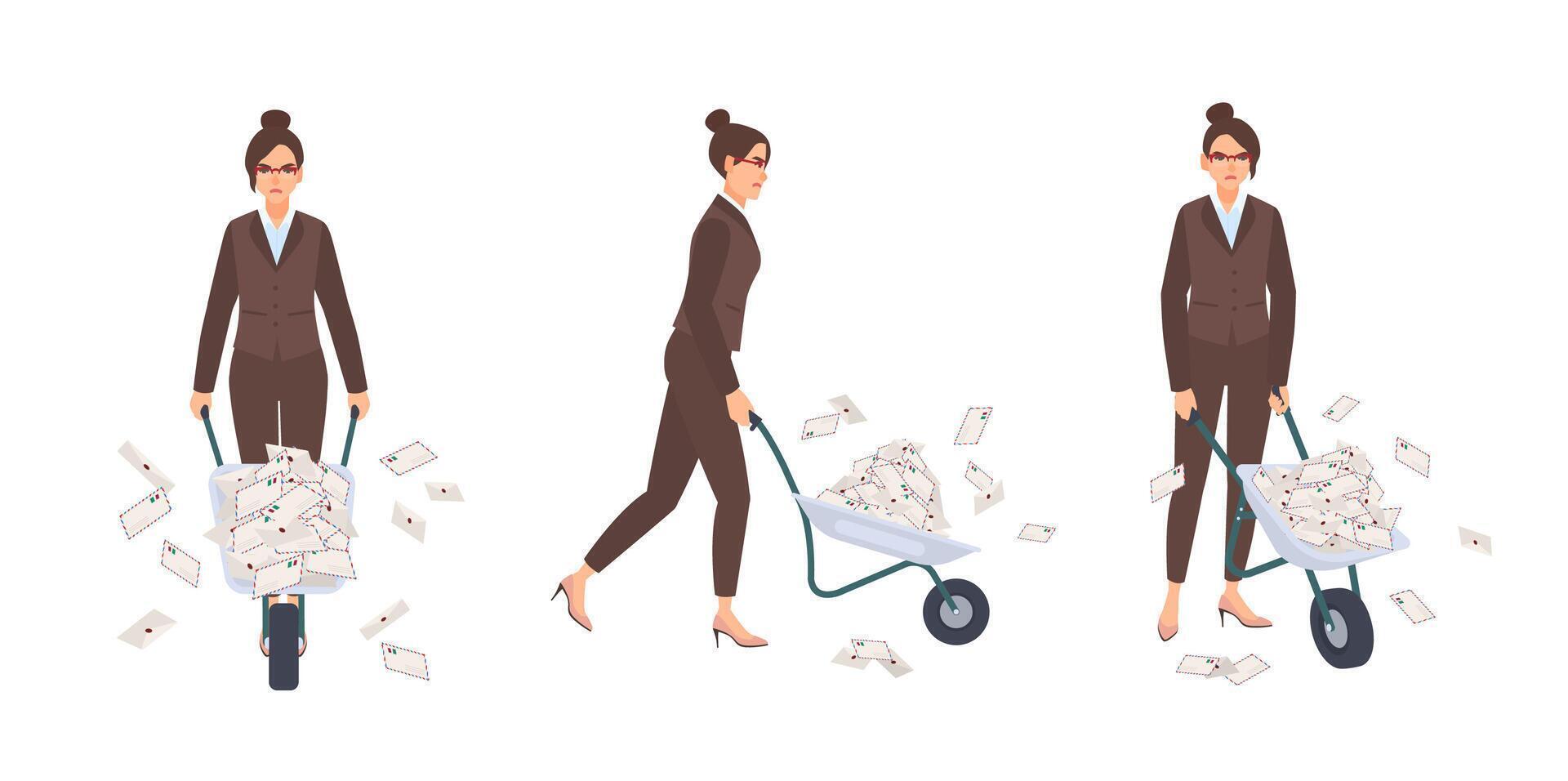 Secretary woman dressed in elegant office suit carrying wheelbarrow full of letters in envelopes. Female cartoon character isolated on white background. Front and side views. Flat illustration. vector