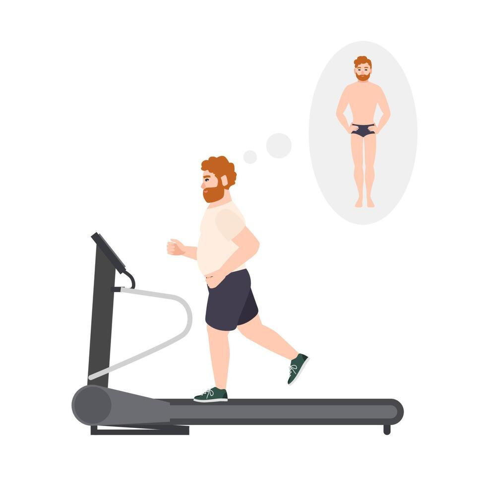 Fat man wearing fitness apparel running on treadmill. Male cartoon character doing sports training on exercise machine and dreaming of weight loss. Colorful illustration in flat style. vector