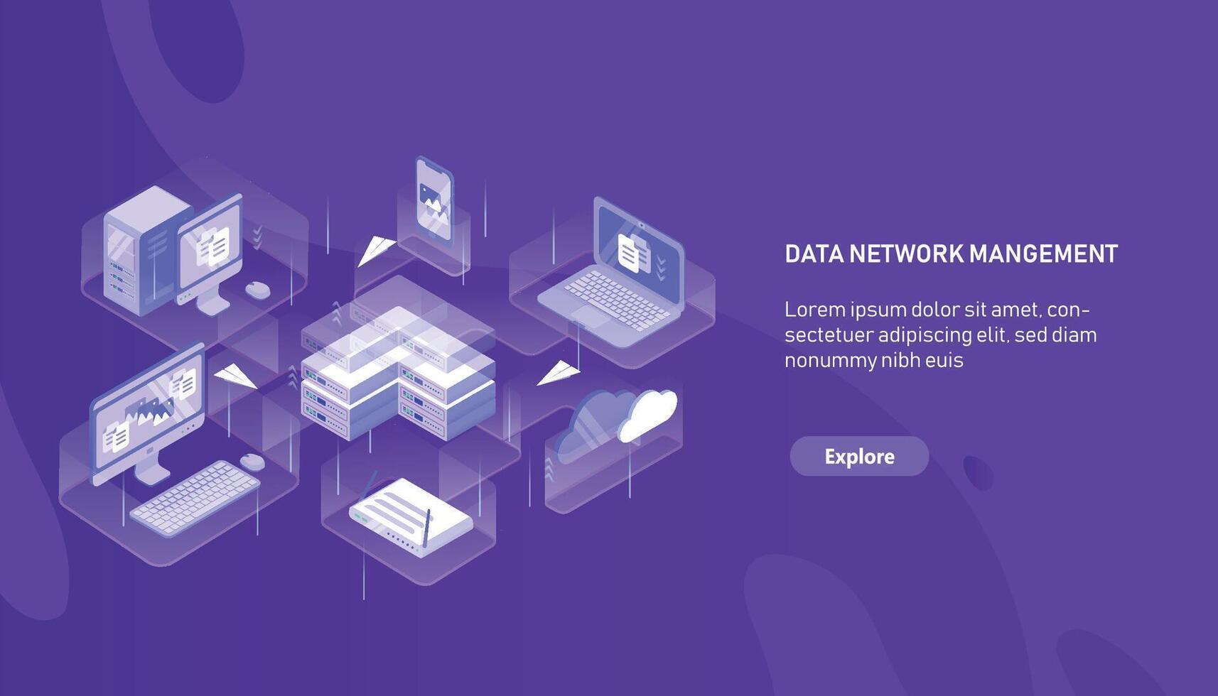 Modern horizontal web banner template with computer, laptop, smartphone, server, router and paper planes flying between them. Data network management. Modern colorful isometric illustration. vector