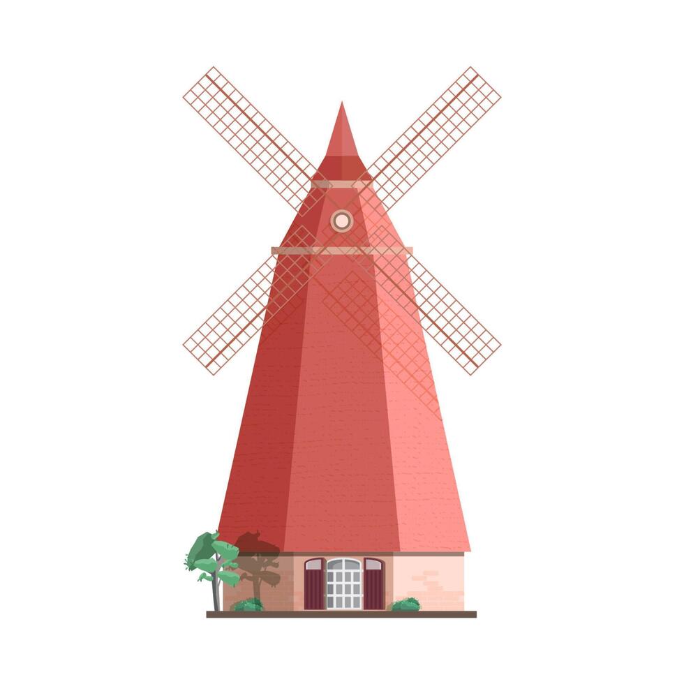 Traditional Dutch windmill isolated on white background. Smock, tower or post mill. Agricultural building or structure with rotating sails or blades. Colorful illustration in flat style. vector