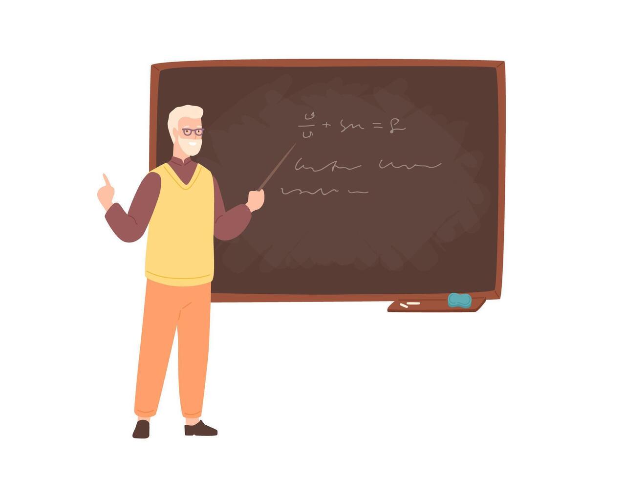 Elderly male college teacher, university professor, lecturer or educational worker standing beside chalkboard, holding pointer and teaching. Colorful illustration in flat cartoon style. vector