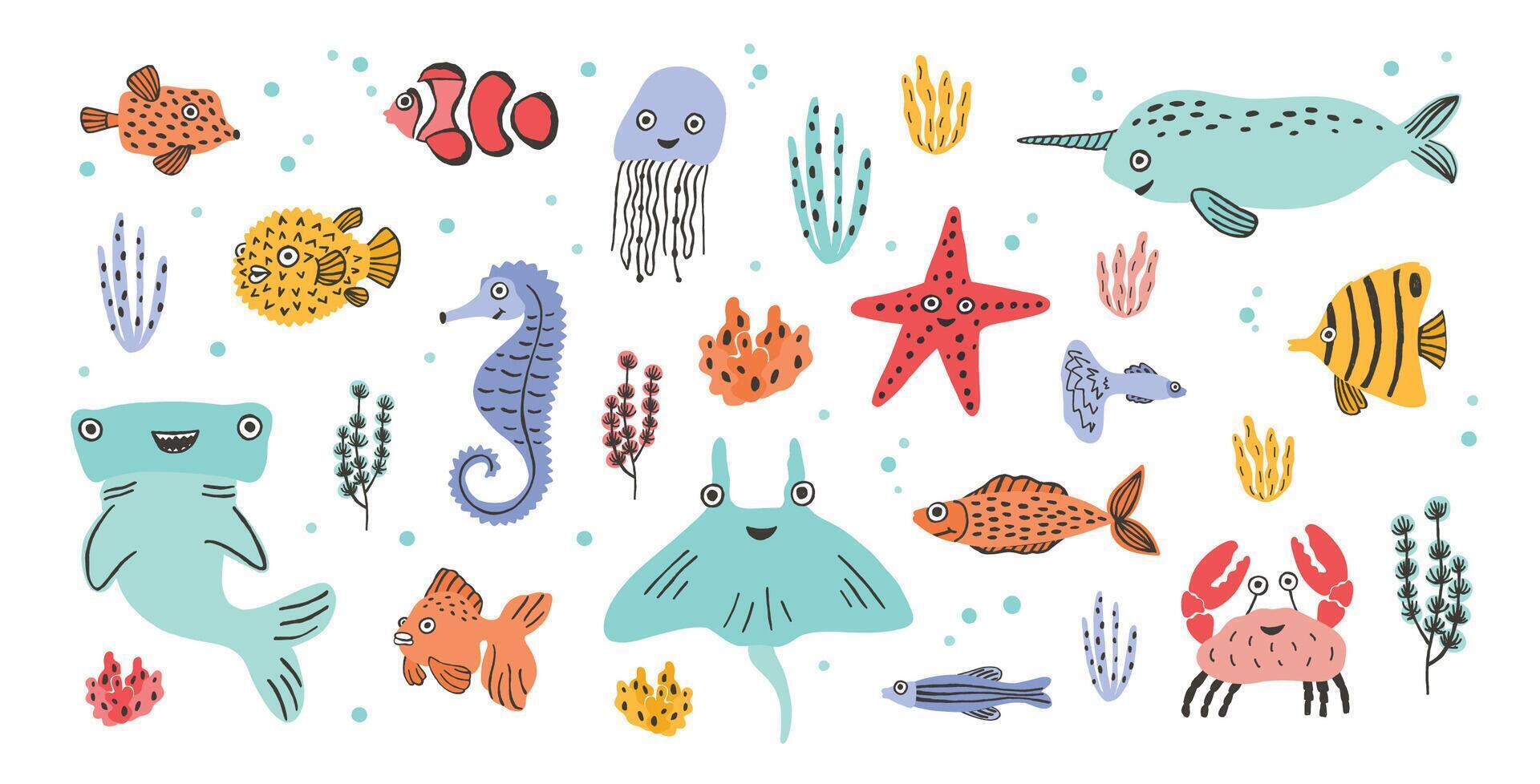 Collection of cute smiling marine animals - narwhal, hammerhead, stingray, crab, fish, starfish, jellyfish, seahorse isolated on white background. Sea and ocean fauna. Cartoon illustration. vector