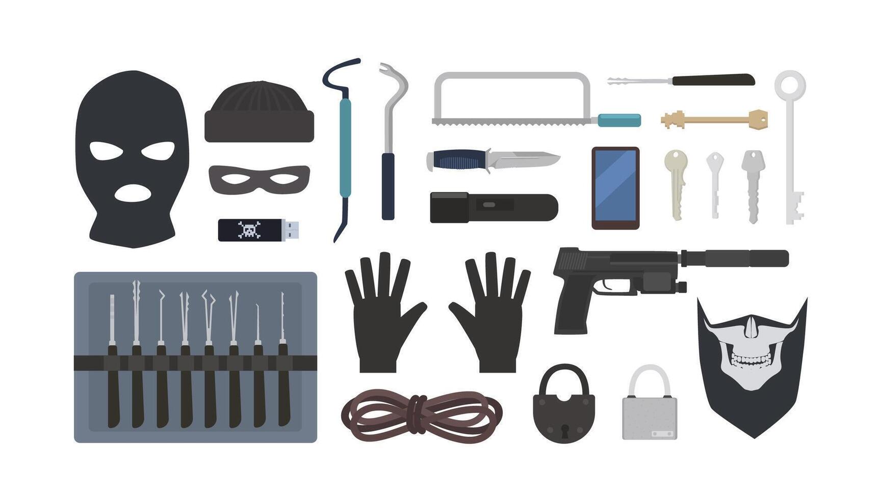 Collection of tools and equipment for theft, robbery, burglary, housebreaking - lock picks, padlocks, masks, rope, flashlight, gun, knife, saw isolated on white background. Flat illustration. vector