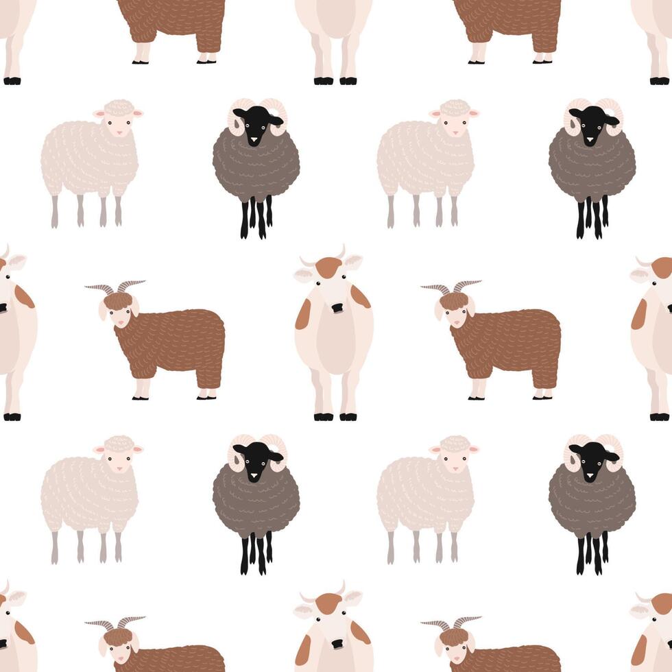 Seamless pattern with cute farm animals on white background. Backdrop with domestic livestock - cow, goat, sheep, ram. Colorful illustration in flat cartoon style for fabric print, wallpaper. vector