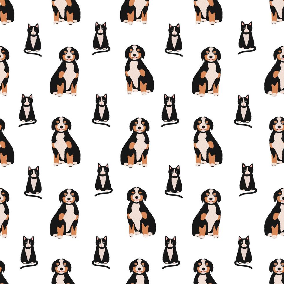 Seamless pattern with adorable cat and dog on white background. Backdrop with pets or domestic animals. Colorful illustration in flat cartoon style for textile print, wrapping paper, wallpaper. vector