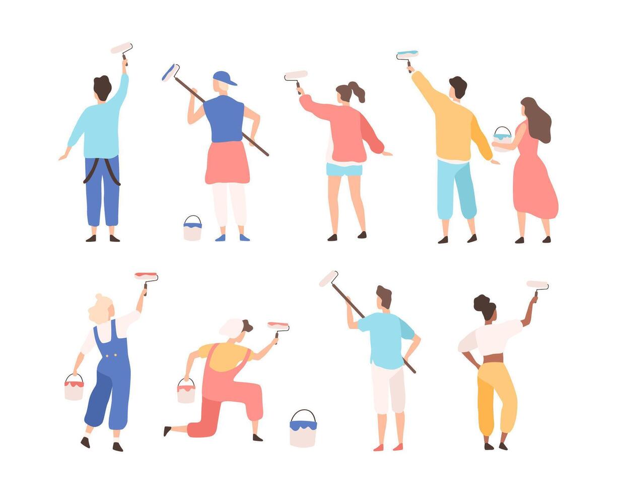 Collection of male and female painters holding paint rollers and painting or writing advertising text on wall. Set of cartoon characters isolated on white background. Flat illustration. vector