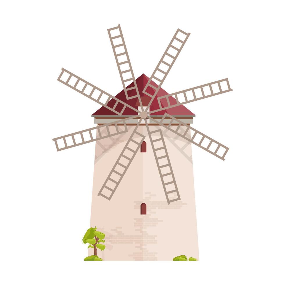 Old European windmill isolated on white background. Smock, tower or post mill. Farm building or construction with rotating sails or blades. Colored illustration in flat cartoon style. vector