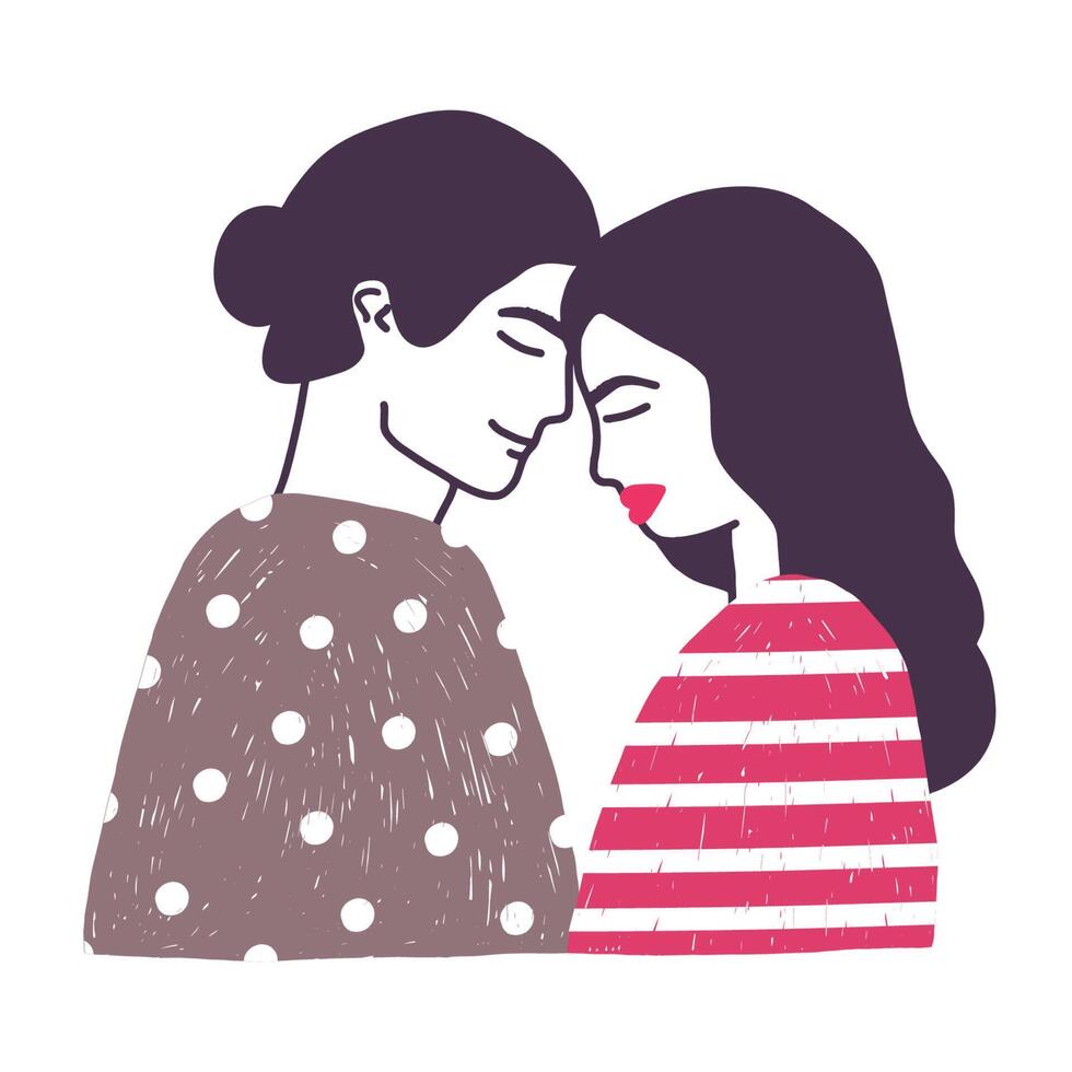 Drawing of cute young romantic couple or pair of man and woman in love. Hugging boyfriend and girlfriend hand drawn on white background. illustration in doodle style for St. Valentine's Day. vector
