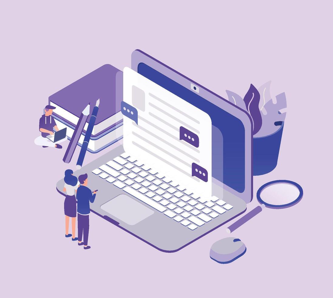 Tiny people standing in front of giant laptop computer and looking at text on screen. Concept of copywriting, digital marketing, content management and SEO. Modern isometric illustration. vector