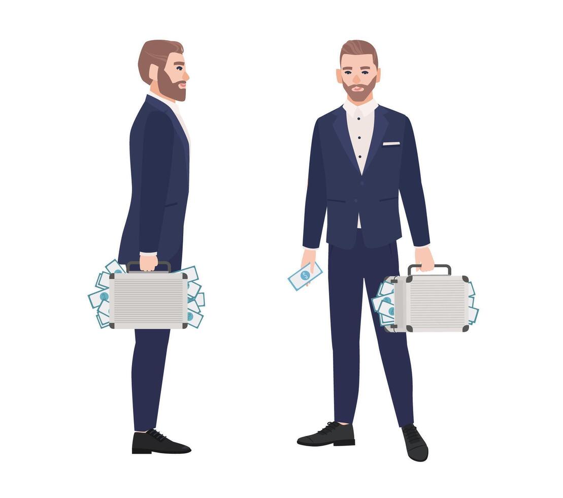Set of bearded man dressed in smart suit holding briefcase full of money. Wealthy person, rich businessman, millionaire isolated on white background. Side and front views. Cartoon illustration. vector
