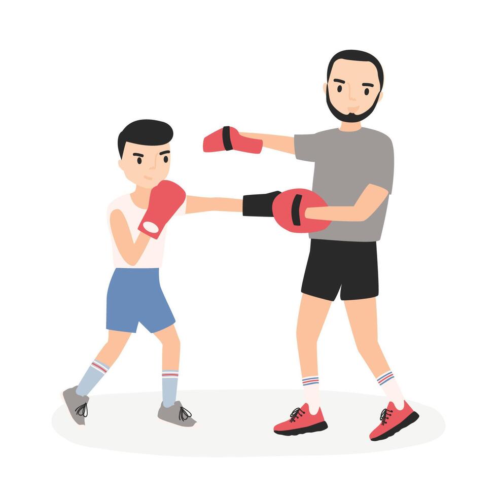 Father and son dressed in sportswear practicing punches at boxing training. Parent and child performing sports activity. Cartoon characters isolated on white background. Flat illustration. vector