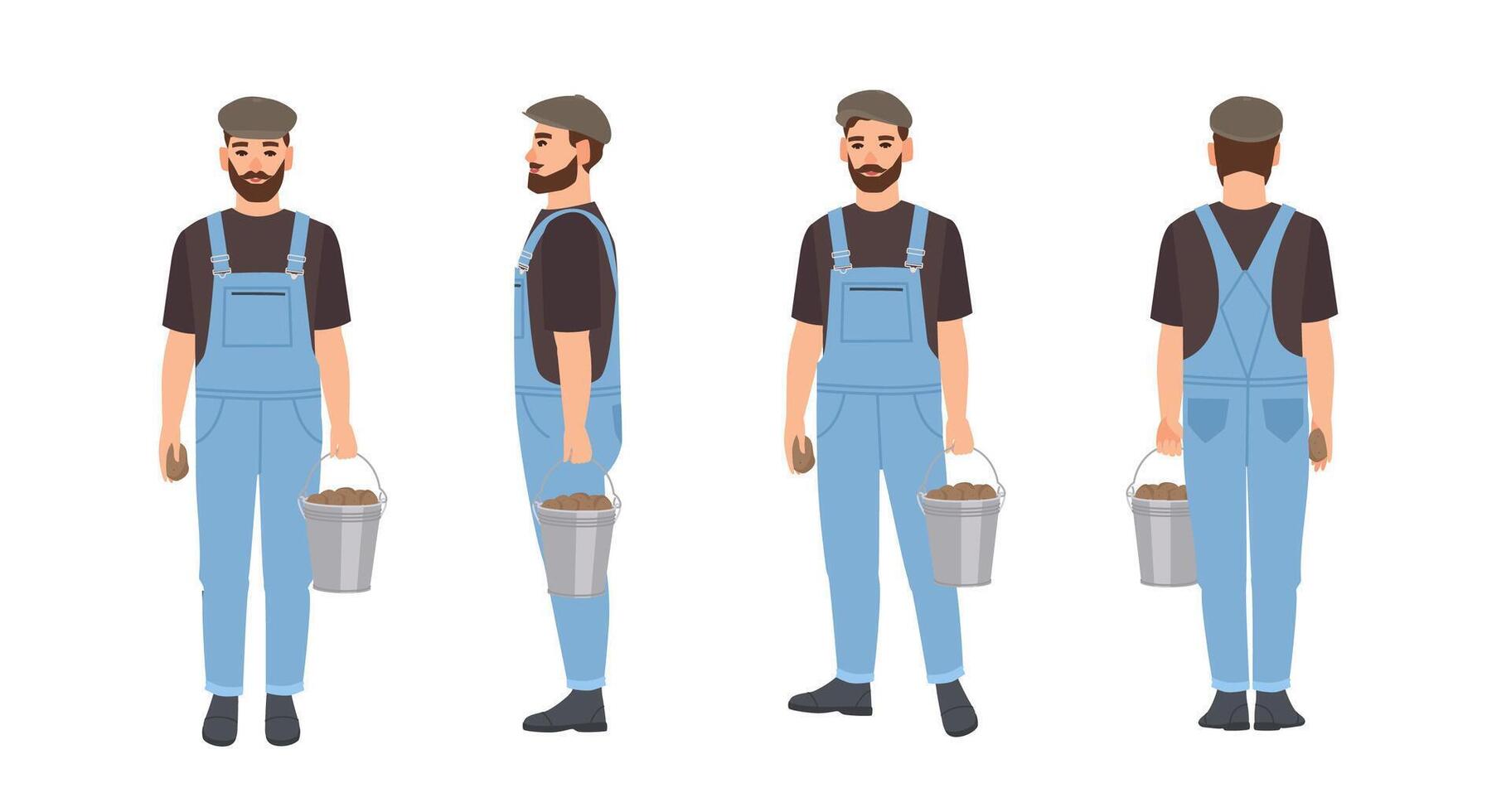 Bearded farmer isolated on white background. Agricultural worker wearing dungarees and cap, carrying bucket full of harvested potatoes. Front, back and side views. Flat cartoon illustration. vector