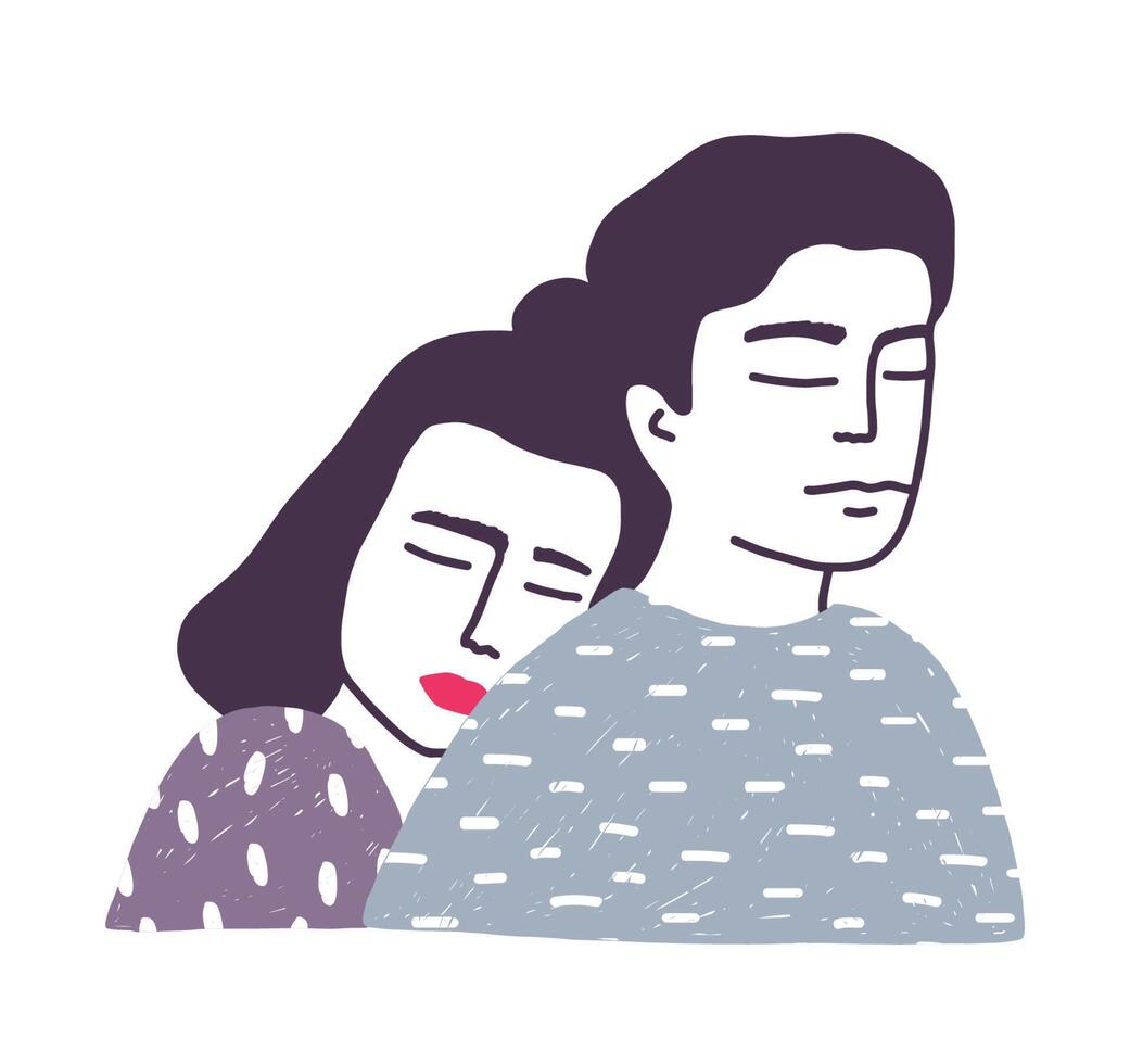 Portrait of adorable young married loving couple or pair of romantic partners. Woman leaning on man's back and hugging him hand drawn on white background. illustration in doodle style. vector