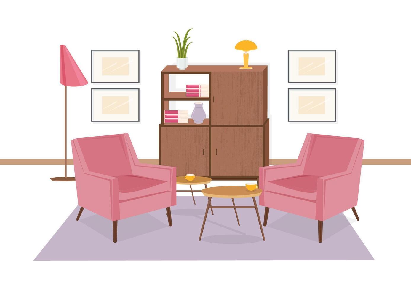 Interior of lounge area furnished in retro 80-s style. Old fashioned furniture and home decorations - armchairs, carpet, coffee table, sideboard. Colorful illustration in flat cartoon style. vector