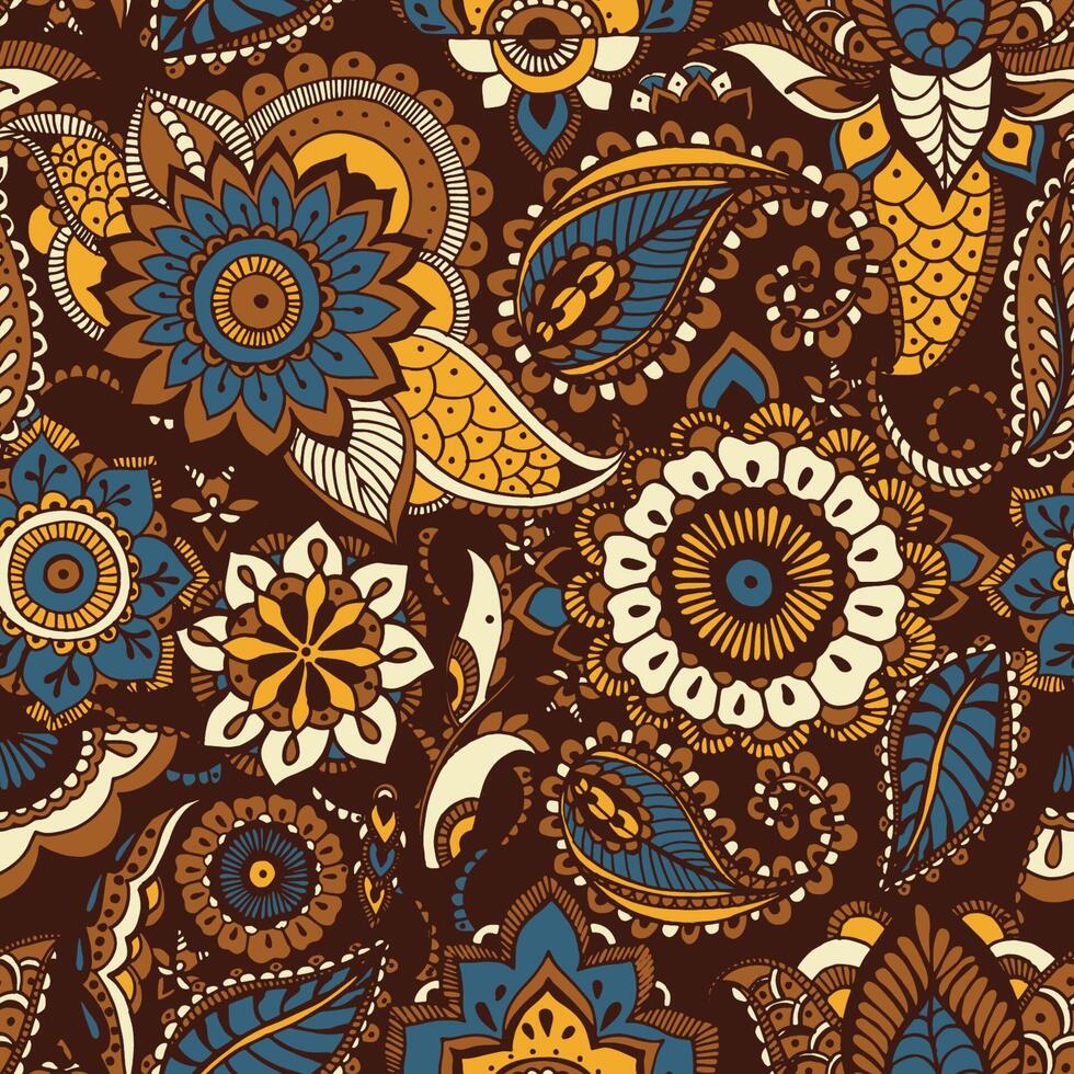 Oriental seamless pattern with ethnic buta motifs and Persian floral mehndi elements on brown background. Motley decorative illustration for textile print, wallpaper, wrapping paper, backdrop. vector