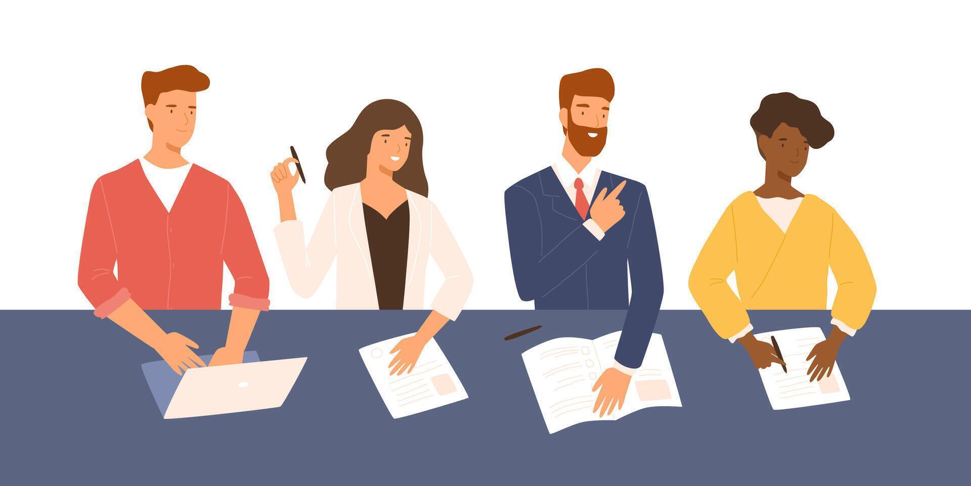 Friendly men and women sitting at table, holding CV and asking questions during job interview. Smiling HR, hiring or recruitment specialists. Colorful illustration in flat cartoon style. vector