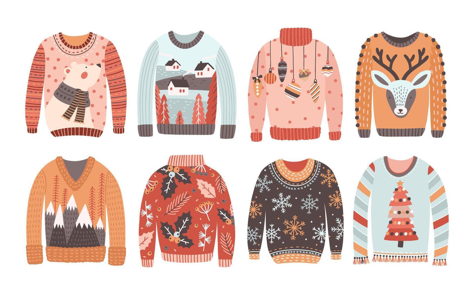 Set of ugly Christmas sweaters or jumpers isolated on white background. Collection of winter holiday knitted clothes with bizarre prints and pattern. Colored illustration in flat cartoon style. vector