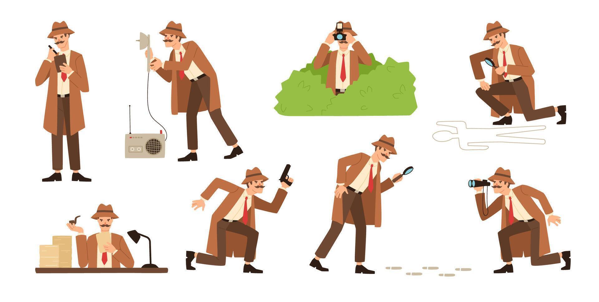 Bundle of detective with mustache looking through magnifying glass, sneaking, spying, solving crime, photographing. Male cartoon character isolated on white background. Flat illustration. vector
