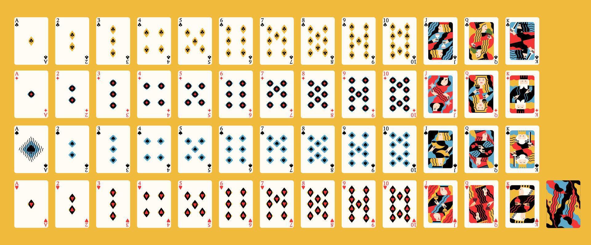 Creative contemporary artistic design of classic French deck of playing cards with traditional suits for casino game. Front and back sides. Bright colored illustration in modern flat style. vector