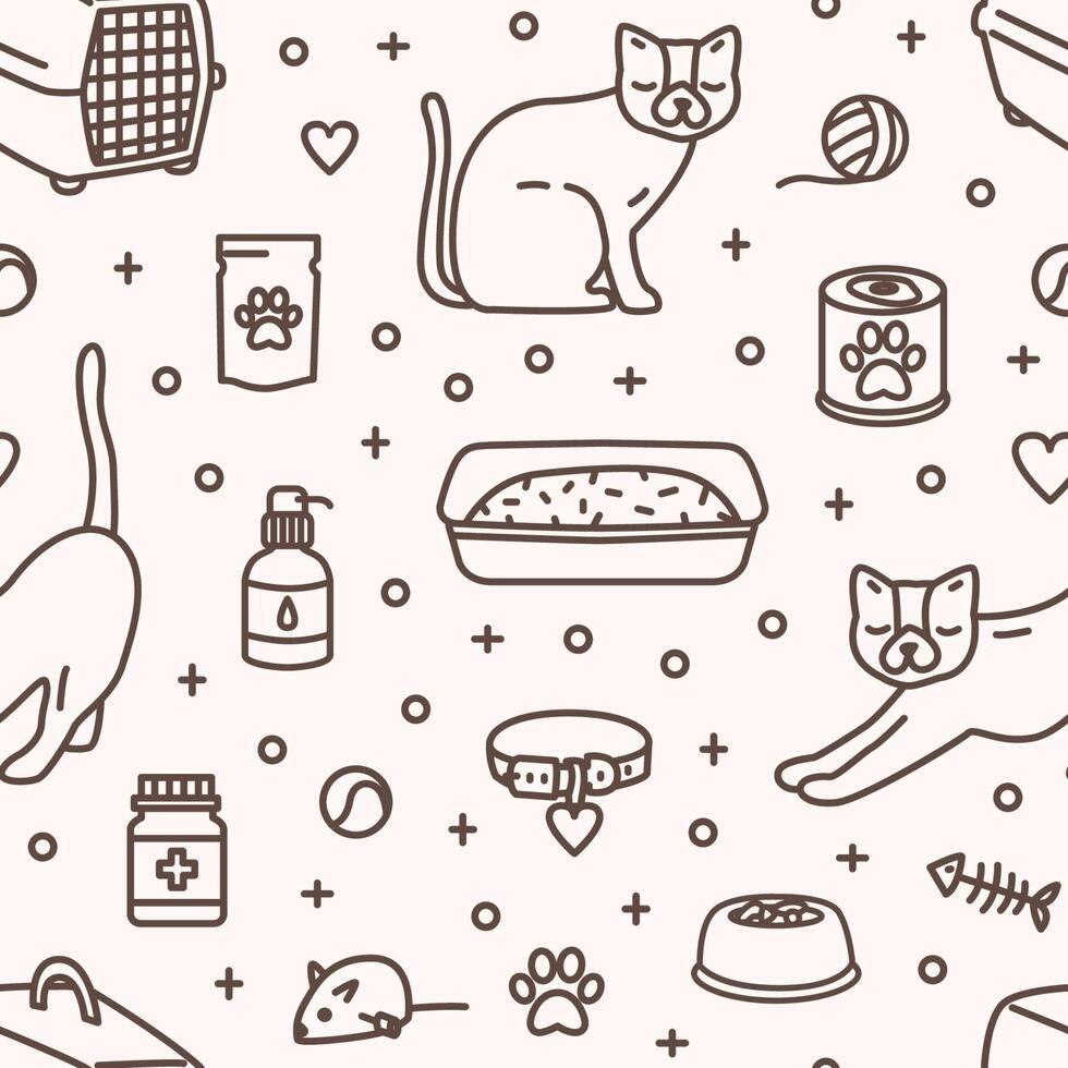 Monochrome seamless pattern with tools and products for cats care and entertainment drawn with contour lines on light background. illustration in linear style for fabric print, wallpaper. vector