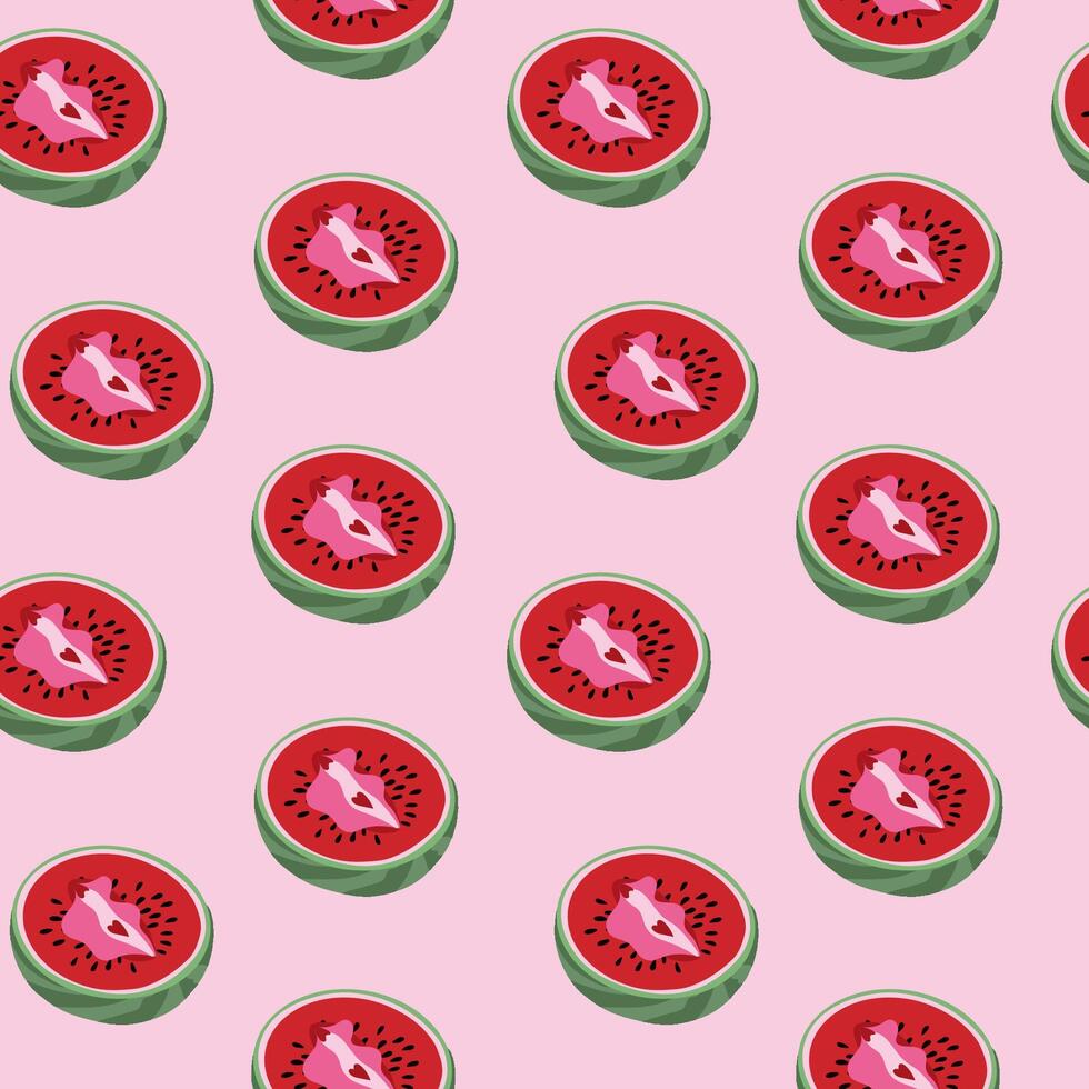 Seamless pattern with watermelon with outlines female labia. Vulva vector