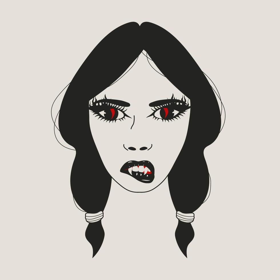 Vampire Girl with Sharp Fangs and Fiery Red Eyes. Gothic Ponytail Look vector