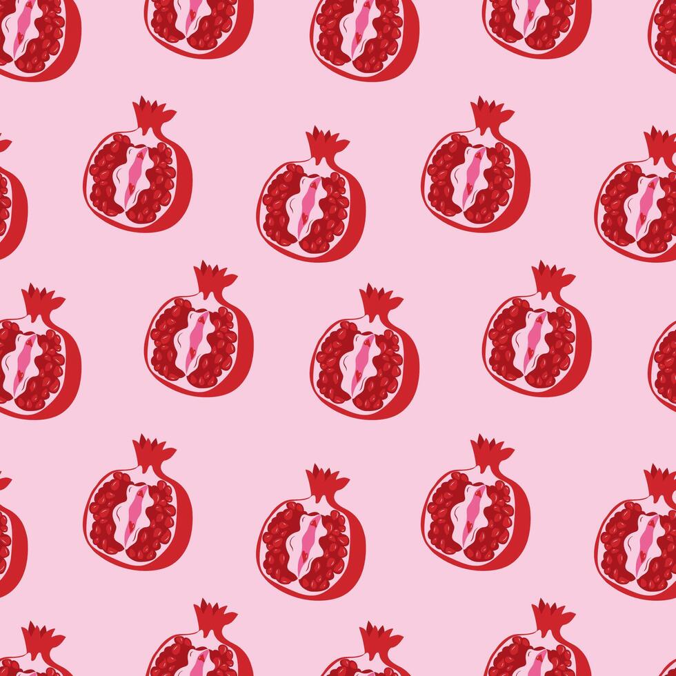 Seamless pattern with Garnet with outlines female labia. Vulva vector