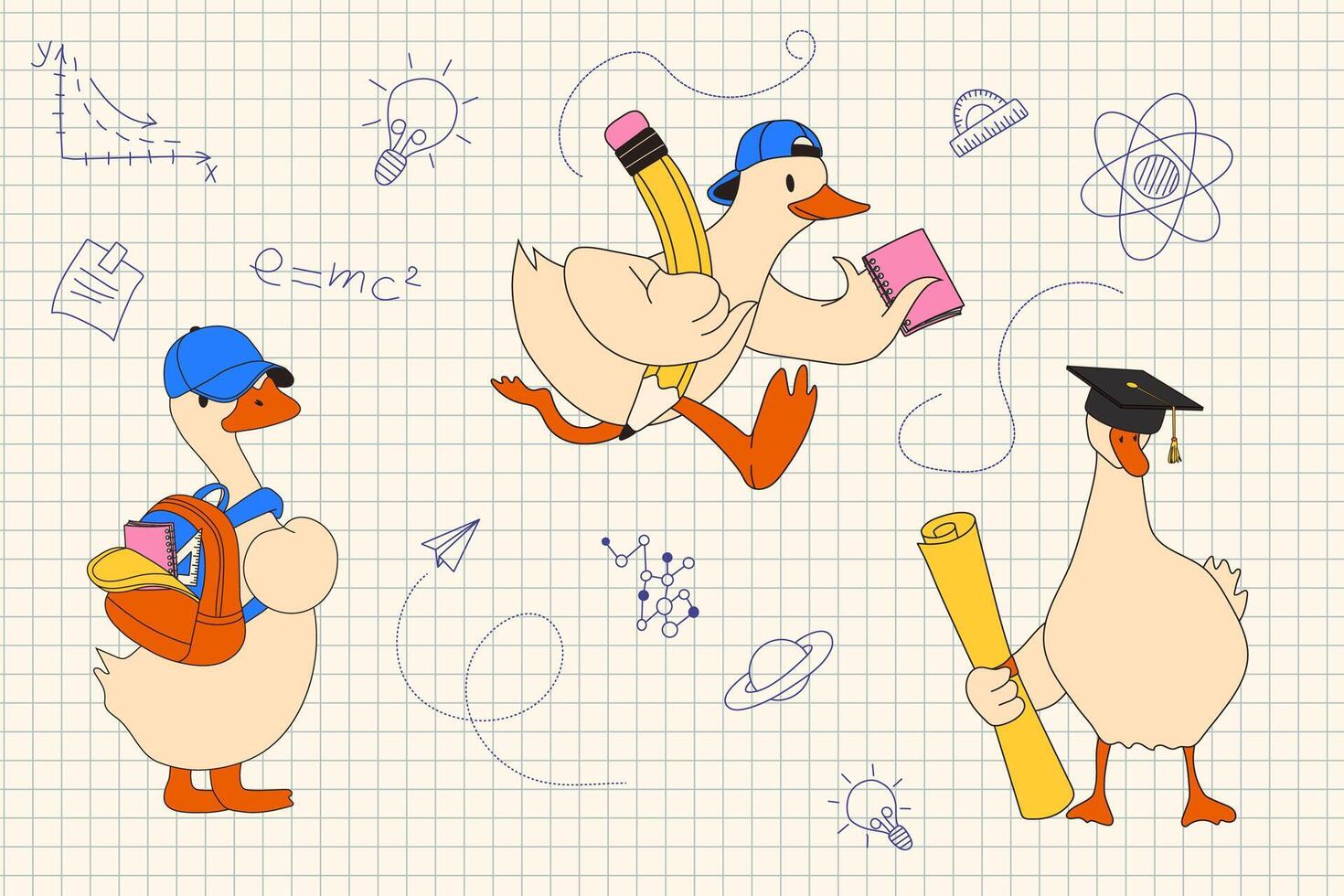 Cute Geese Ready for School. Back to School with Books and Notebooks vector