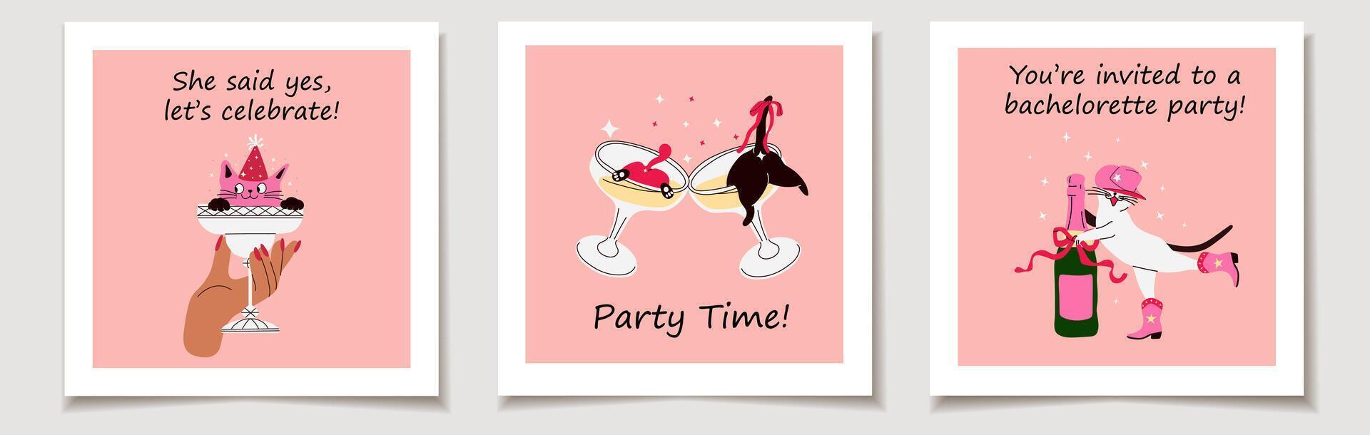 Whimsical Cat Characters for Bachelorette Party. Playful Invitation Set vector