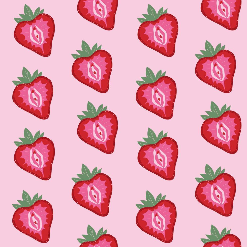 Seamless pattern with Strawberry Shaped Like a Vulva. Feminine Outline Design vector