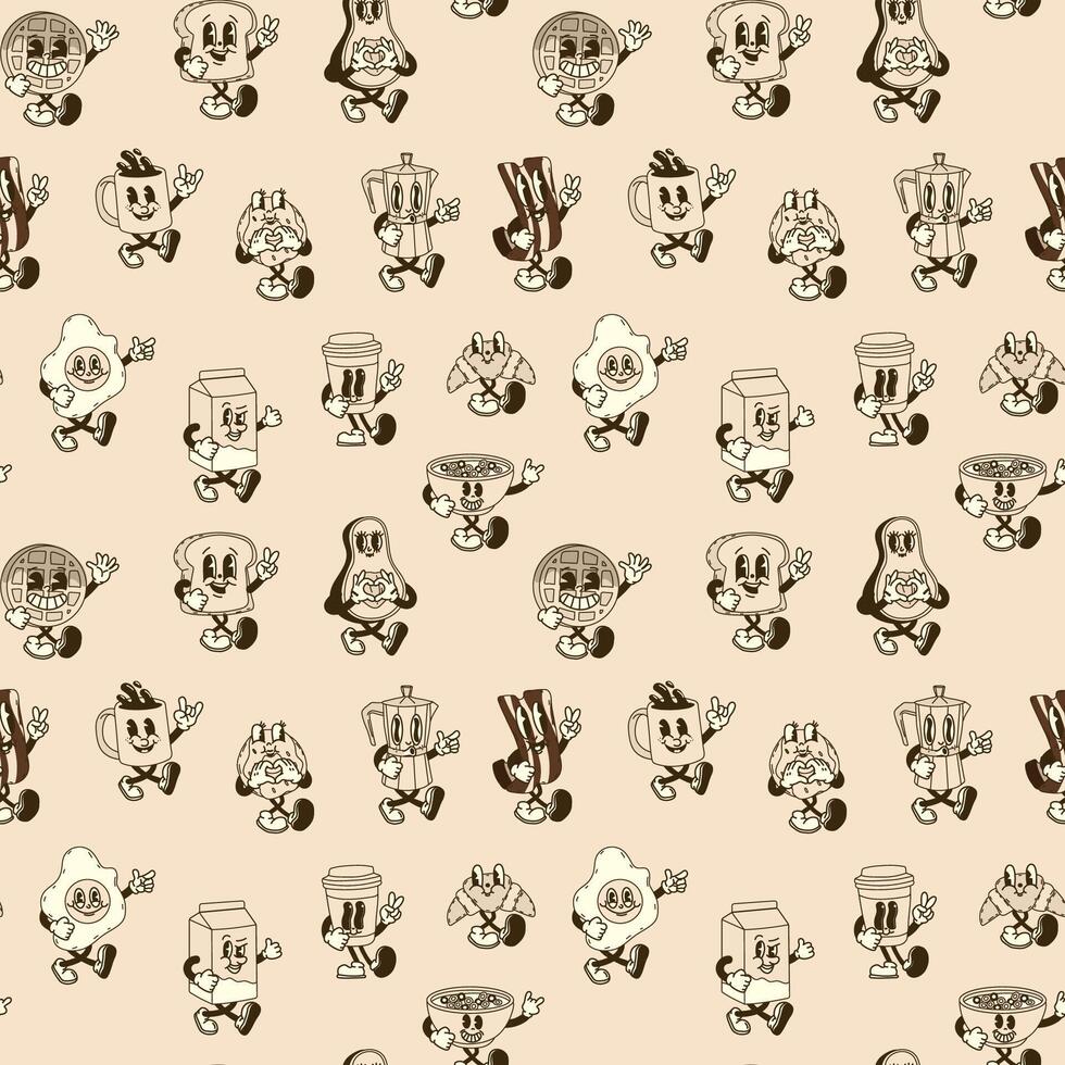 Seamless pattern with Groovy Breakfast Duo Characters in Retro Style vector