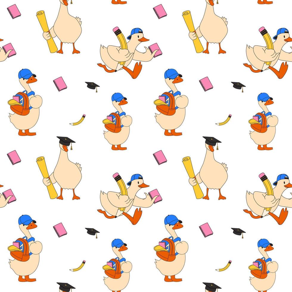 Seamless pattern with Cartoon Geese Running with Pencil, Notepad, and Backpack. Ready for School vector