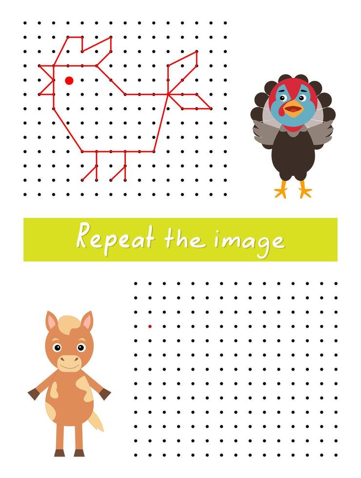 Repeat the image by example, connect dots with straight lines. Draw rooster dot to dot. vector