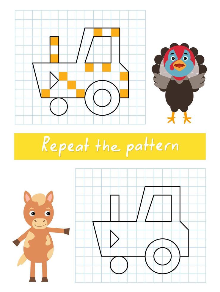 Repeat the pattern by example. Color the tractor. vector