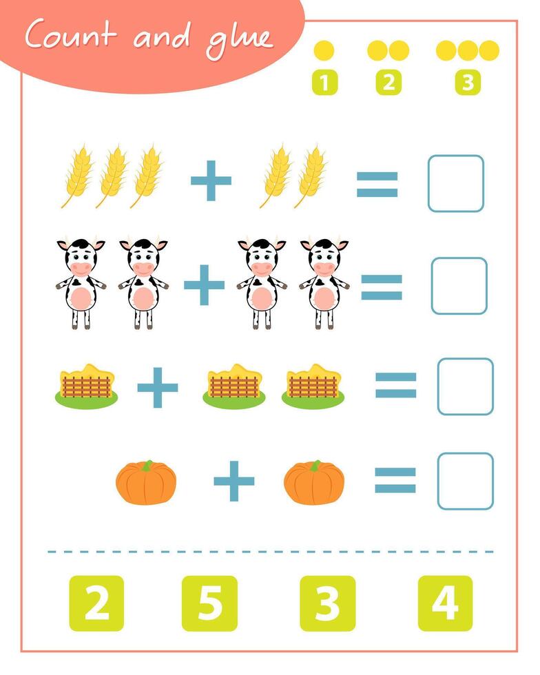 Count and glue game with cow. Education for children. Composition of numbers 1-6. vector