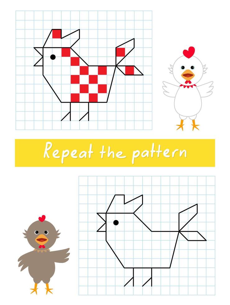 Repeat the pattern by example. Color the rooster. vector