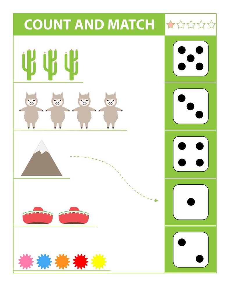 Count and match objects with alpaca. Numbers 1-5. vector