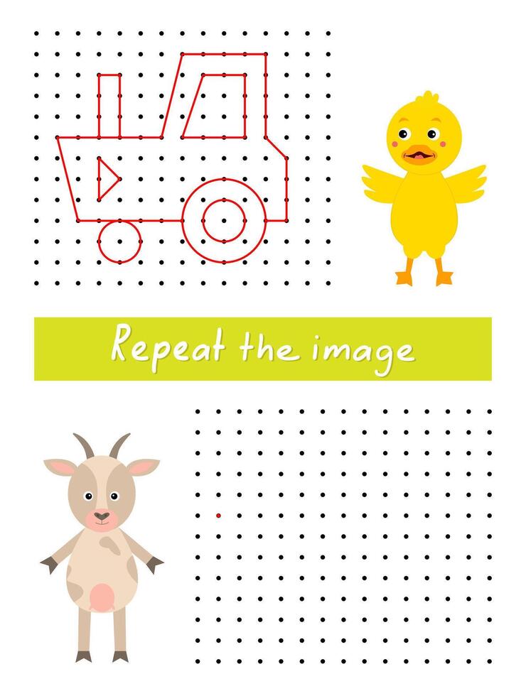 Repeat the image by example, connect dots with straight lines. Draw tractor dot to dot. vector