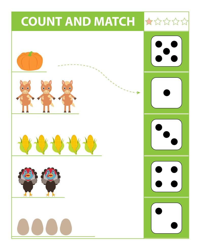 Count and match objects with farm animal. Numbers 1-5. vector