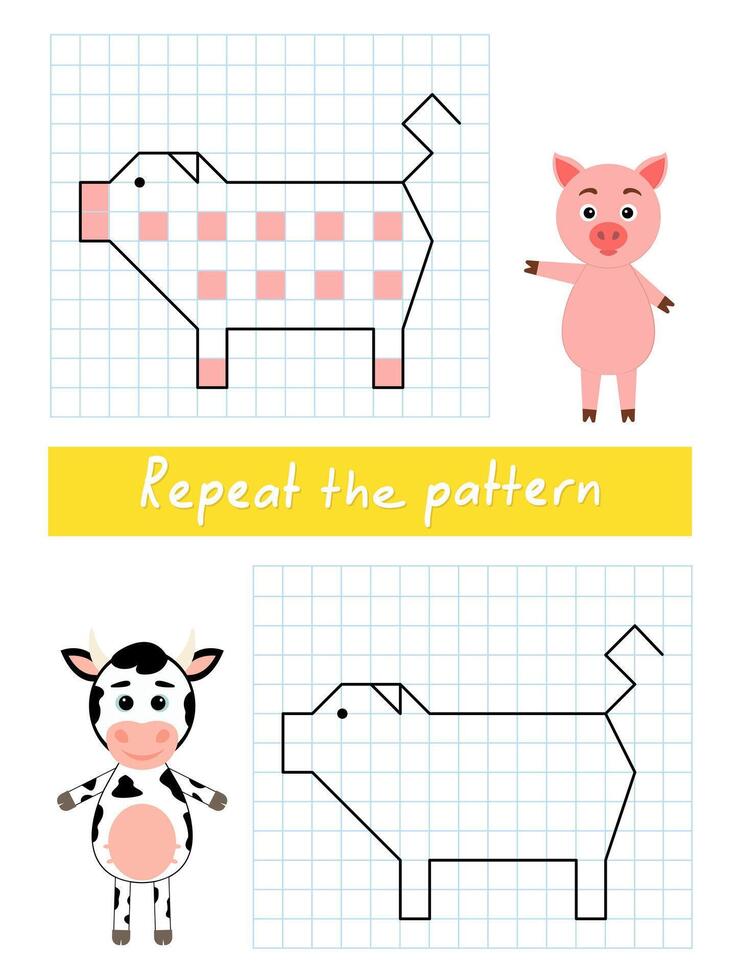 Repeat the pattern by example. Color the pig. vector