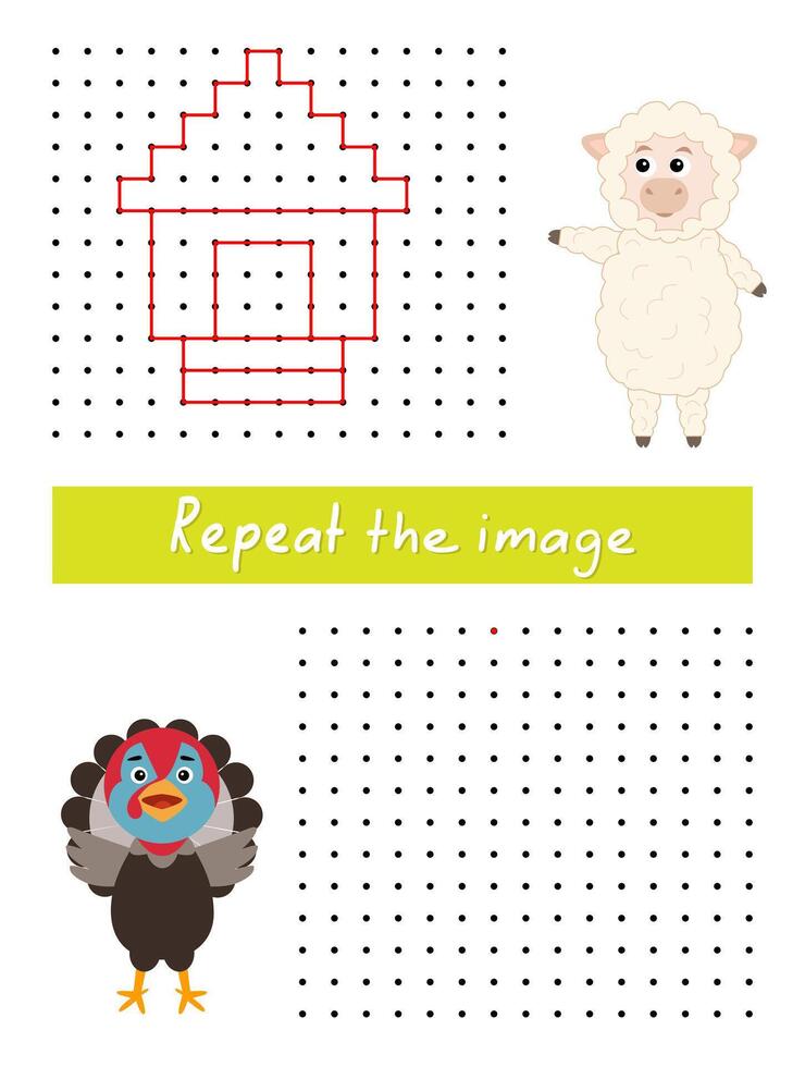 Repeat the image by example, connect dots with straight lines. Draw poultry house dot to dot. vector