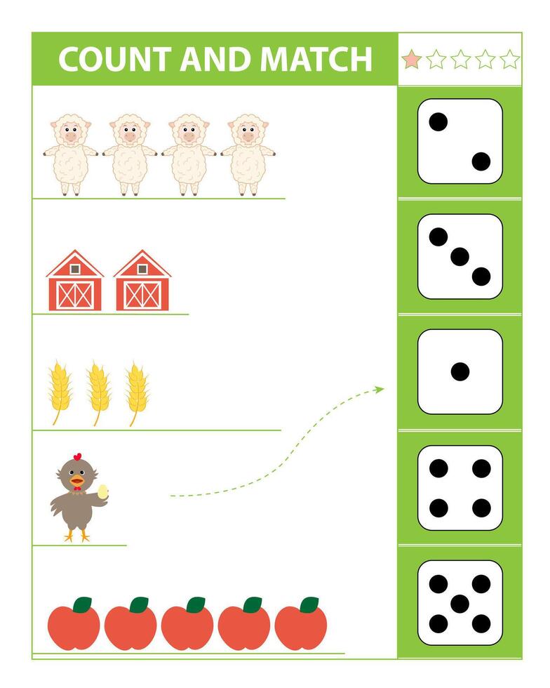 Count and match objects with sheep. Numbers 1-5. vector